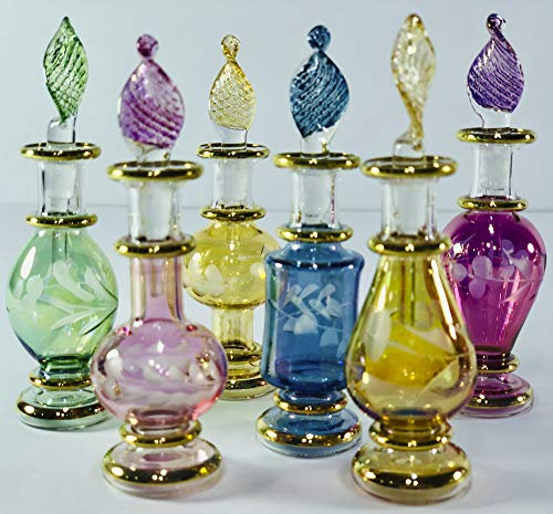 Egyptian Mouth Blown Glass Genie Perfume Bottles - Set of 6 Miniature Bottles (5 cm) With Handmade Gold Decorative Design for Essential Oils