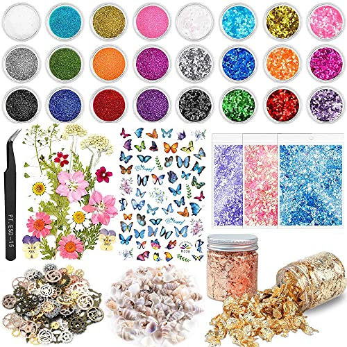 KKSJK Epoxidharz Zubehör Set mit Glitzer, Pailletten, Trocken Blumen, Goldfolie, Muscheln, Zahnräder, Pinzetten, für Harz Handwerk und Nagelkunst Dekoration