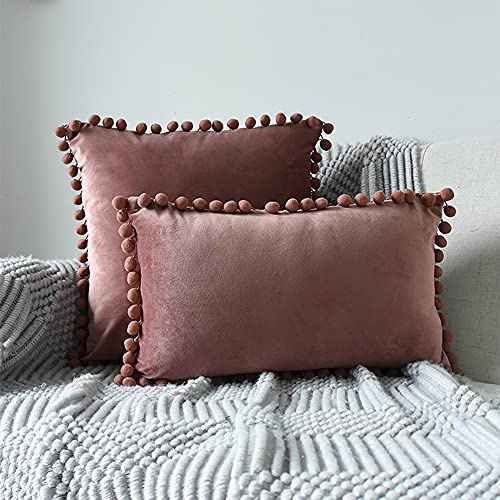 Bestenrose 2er Set Kissen Samt mit Pompoms Dekokissen Kissen Wohnzimmer Einfarbig Kissenbezüge Dekorative Kissenhüllen mit ReißverschlüSse Couchkisen für Sofa Schlafzimmer
