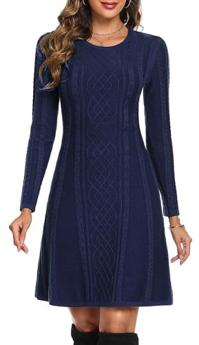 Aottori Robe Pull Femme Col Rond Manches Longues Coupe Ligne A Mini Hiver | Maille tricotée, col rond avec manches longues, coupe courte évasée ligne A, adaptée au quotidien bureau ou sortie, en ville