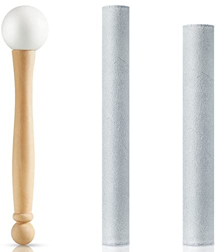2 Pieces Thick Crystal Singing Bowl Suede Striker Solid and Hollow Sound Bowl Stick, Crystal Singing Bowl Rubber Mallet Suede Mallet with Wood Handle for Playing Singing Bowl