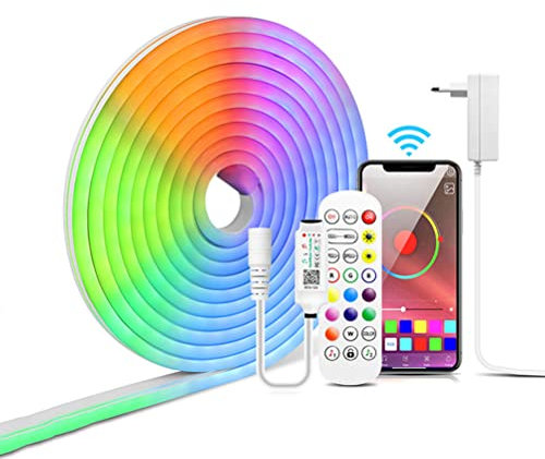 RGB Neon LED Streifen Strip, Neon Led Strip mit App-Steuerung, IP65 Silikon LED Streifen mit Fernbedienung, Multi-Farbwechsel Bluetooth App Flexibel Lichtleiste mit Netzteil für Heim Outdoor DIY,2m