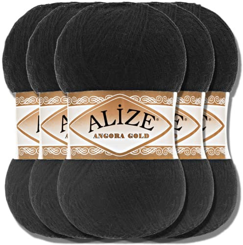Hobby YARN Alize 5x 100g Angora Gold Türkische Premium Wolle Dünne Mohair aus Schurwolle Babywolle als Strickgarn Handstrickgarn Einfarbig Uni Yarn (Black | 60)