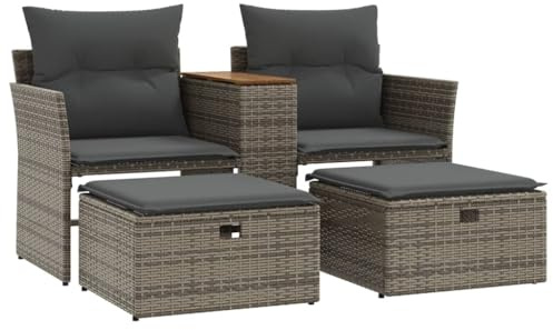 Foknhdi 2-Sitzer Gartensofa mit Hockern Poly Rattan Grau 142x62x69 cm, Holzablage, platzsparende Eckbank für kleine Balkone und Terrassen