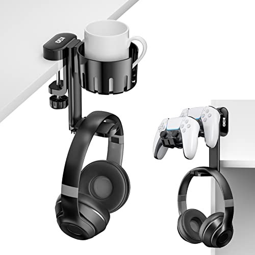 KDD Soporte Auriculares Gaming Rotación de 360°- 3 en 1 Soporte Mando & Reemplazable Soporte Vaso - Soporte Cascos Gaming en ABS, Compatible con Auriculares Universales, Controladores y Vasos (Negro)