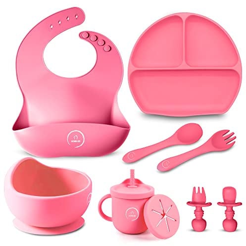 Home-Ed Baby Weaning Set 9 pcs, Baby Food Set with Suction Bowl, Plates & Baby Spoon Adjustable Bibs First Meal Cutlery Set for Newborn Baby
