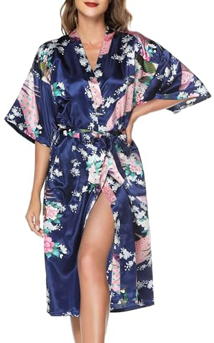 Lovasy Kimono Dressing Gowns Satin Kimono Robe Peacock And Blossoms Silk Dressing Gown for Women UK Long Silk Bride and Bridesmaid Robes