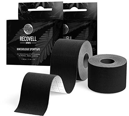 Recovell Kinesiologie Sporttape 2 Rollen schwarz 5cm x 5m zur Unterstützung und Stabilisierung I wasserfestes Tape fuer Muskeln Bänder und Gelenke I Tapeband selbstklebend I elastisches Tape
