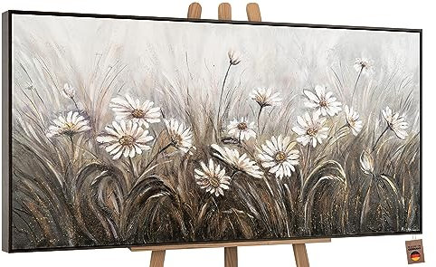 YS Tableau peinte à la main Marguerites blanches sur fond vert foncé Art abstrait modern paysage d'été motif printanier Toile abstraite moderne Surface texturée avec cadre 120x60 cm