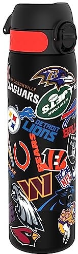 ion8 NFL Abzeichenlogos Trinkflasche 500 ml/18 oz, auslaufsicher, leicht zu öffnen, sicherer Verschluss, spülmaschinenfest, BPA-frei, hygienischer Klappdeckel, Tragegriff, passt in Becherhalter
