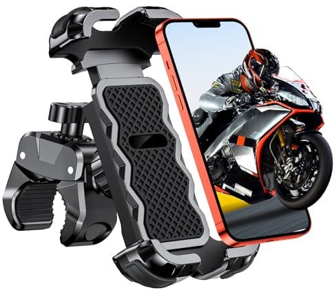 Babacom Soporte Movil Moto 360° Rotación, Cerradura 1s y Protección Segura Soporte Movil Bicicleta para Manillar de 0.71-1.4 Diámetro, Soporte Móvil Bicicleta Compatible con iPhone 4.7-6.8, GPS