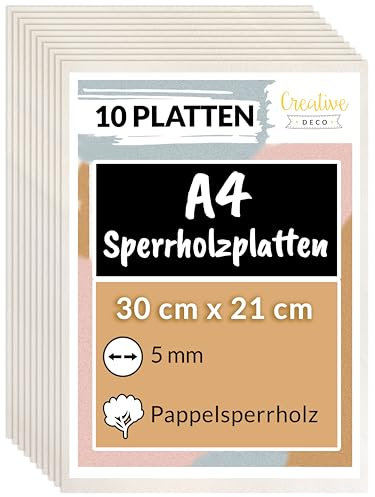 Creative Deco 10 x A4 Contreplaqué 5mm | 300 x 210 x 5mm (+/- 2mm) | Planche Bois Brut Peuplier | Panneau Feuille Découpe Laser | Bois pour Pyrogravure, Gravure, Cricut, Maquette