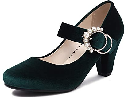 elerhythm Damen Mary Janes 1920er Jahre Retro Block Samt Heels Gatsby 1950er Vintage geschlossene runde Zehenpartie Perlenschnalle Knöchelriemen Pumps Schuhe (Grün EU39)