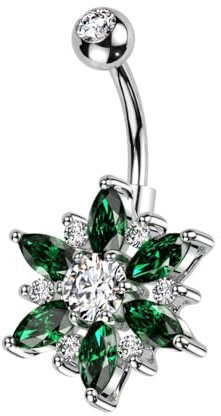 beyoutifulthings Bauch-nabelpiercing Blume Marquise Zirkonia Silber Clear Smaragd-Grün Nabel-Piercing Chirurgenstahl Bananabell Stab-länge 10-mm
