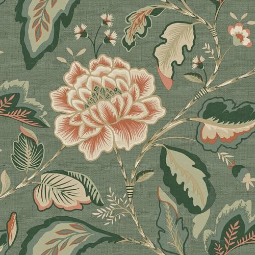 Belgravia Maya Trail Vinyl Wallpaper - Modern Wallpaper for Living Room, Bedroom, Fireplace - Decorative Luxury Floral Wall Paper with Leaves & Flower Pattern (Green/Orange/Multi)