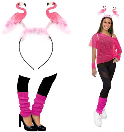 Oblique Unique Flamingo Kostüm Accessoire Set für Damen - Flamingo Haarreifen + Beinstulpen in Pink für Fasching Karneval Motto Party
