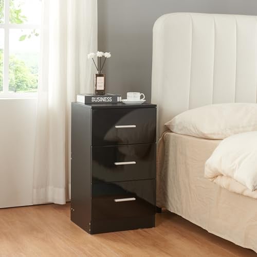 [en.casa] Nachttisch Aurdal Kommode Schwarz Hochglanz Nachtschrank 66 x 37 x 34,5 cm Nachtkästchen Beistelltisch