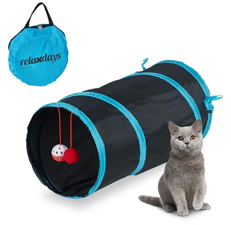 Relaxdays Katzentunnel faltbar, BxD: ca. 50x25 cm, Katzenröhre mit Spielzeug & Tasche, interaktiver Spieltunnel, schwarz