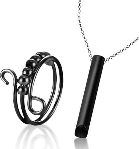 Stressabbau Halskette,Höki Halskette Gegen Angst mit Stressabbau Ringe Achtsame Atmung Halskette Stress Relief Mindful Breathing Halskette für Herren Damen Meditation Verlangsamung Atmung (Schwarz)