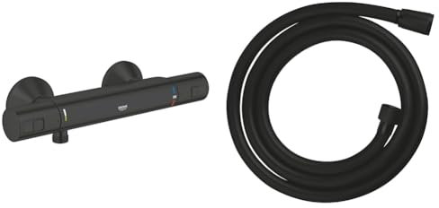GROHE Precision Start Mitigeur Thermostatique Douche, Economie d'eau & VitalioFlex Trend, Flexible de douche 1500mm, Surface lisse, Résistance jusqu'à 5 bars, Anti-pliures, Noir Mat