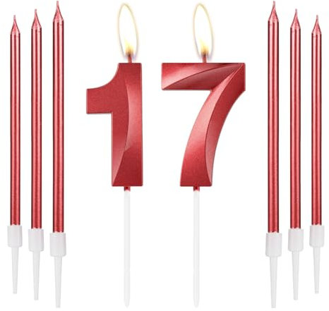 mciskin Red 17 Birthday Candles-3D Design Number 17 Candle for Cake with 6pcs Long/Thin Candles Set, Red Cake Topper for Girl 17th Birthday Decorations Supplies,17th Wedding Anniversary Decorations