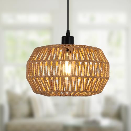 JIINOO Moderne Bambou Rotin Suspension, Ferme Tissé Osier Abat-jour, Boho Luminaires Suspension Lampe Vintage Plafonnier pour Chambre Salon Couloir Cuisine, 1 Lumière, 29 cm