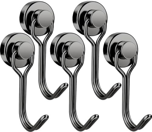 5 Pack Magnetic Hooks, Strong Neodymium Magnet with Hooks, Magnets with Hooks, 33Lbs Swivel Metal Hanging Hooks for Hanging, Ceiling, Camping, Kitchen (Black)