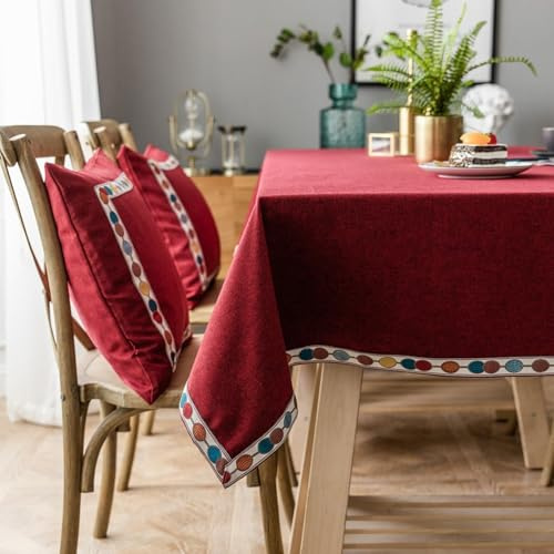 Homxi Tischdecke Rechteckige 110 W x 170 L cm,Tischdecke für Aussen Rot Einfarbig mit Gestickte Bordüre Baumwolle Leinen Tischdecke Couchtisch