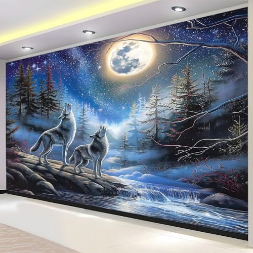 Bleu Papier Peint Intissé 300 x 210 cm loup de lune de forêt Panoramique Image Photo Murale Wallpaper pour Salon Chambre restaurant Chambre d’enfants Décoration Murale