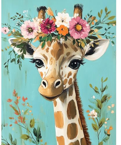 DAERLE Peinture par numéros adulte Girafe avec couronne de fleurs, Kit de bricolage pour adultes Peinture sur toile Avec peinture et pinceau, Cadeaux et décorations de peinture 30x40 cm sans cadre