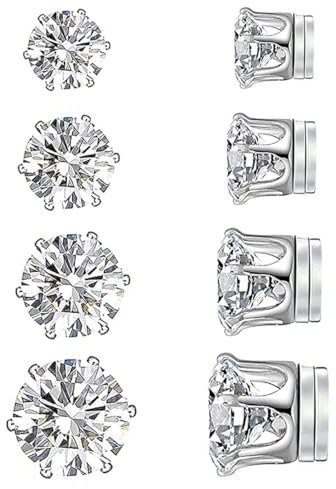 JEYORZY 4 Paires Boucles d'Oreilles Homme Boucle Aimantée en Acier Inoxydable Magnétiques Fausse Boucle d'Oreille Femme Zircon Brillant Boucle d Oreille Homme Aimant Cadeaux Noël Valentin, Argent