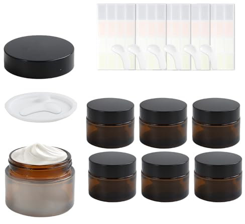 QZDAFFIC 6pcs Bocaux en Verre Ambre, 50 Ml Boges de Bougie avec Des éTiquettes Collantes, Protection UV Pots D'apothicaire avec Petite CuillèRe pour Les Toilettes CosméTiques