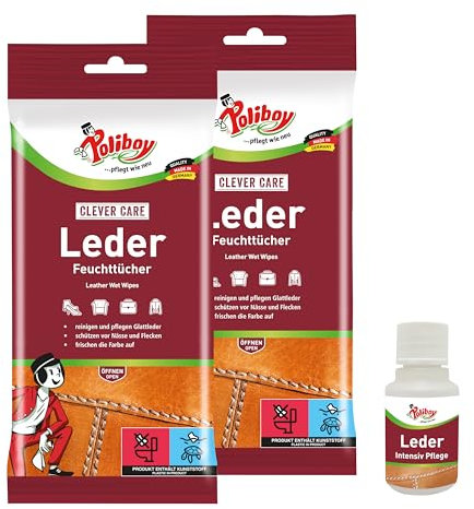 Poliboy Leder Feuchttücher - Zur Pflege und Reinigung von Glattleder - Farbauffrischung und Schutz mit Carnaubawachs - 2x 20 Tücher - inkl. Produktprobe - Made in Germany