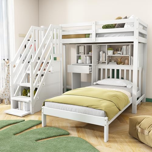 EINHOM Kinderbett 90x200cm, Etagenbett mit Stauraum und Regal & Geländer & Treppe, Geeignet für Kinder und Jugendliche, Kiefernholz, Ohne Matratze