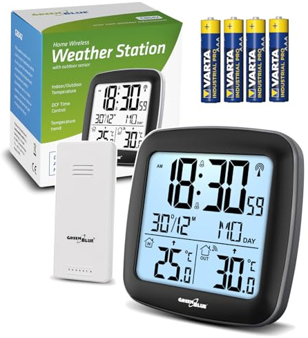 GreenBlue GB542 Drahtlose Wetterstation mit DCF-Uhr, Dual-Wecker, Innen- und Außen-Thermometer, drahtlosem Sensor, großem LCD-Bildschirm + 4 AAA-Batterien im Lieferumfang enthalten