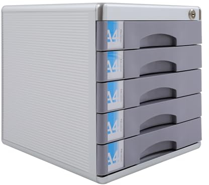 Dokumentenschrank 5-Stufiger Desktop Schreibtisch Schublade Box mit Schloss, Schreibtischschrank für A4 Dokumente, Stabile Aluminiumlegierung Schubladenbox mit Beschriftbaren Tags für Büro und Heim