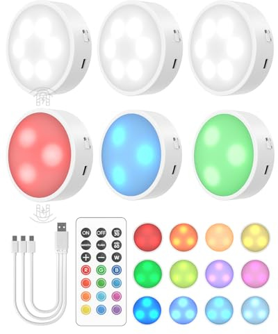 GOODEA Rechargeable RGB Puck Lights with Remote, Dimmable, Timer, 6 Pack | Magnetic Under Cabinet Kitchen Lighting Battery Operated Stick On Push Light for Wardrobe Display Shelf Cupboard Halloween
