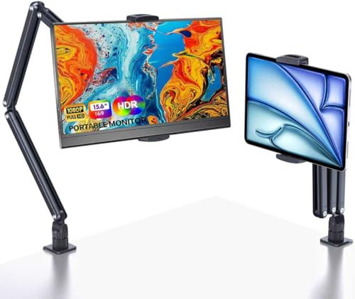 MooniStar Tablet Stand Holder for iPad, Kindle, Portable Monitor Stand Holder 15.6'' Max, Foldable Tablet Mount Arm with 360° Rotate Base, Fits for Cell Phone, Tabs 12.9'' Max (Not over 2.65lb)