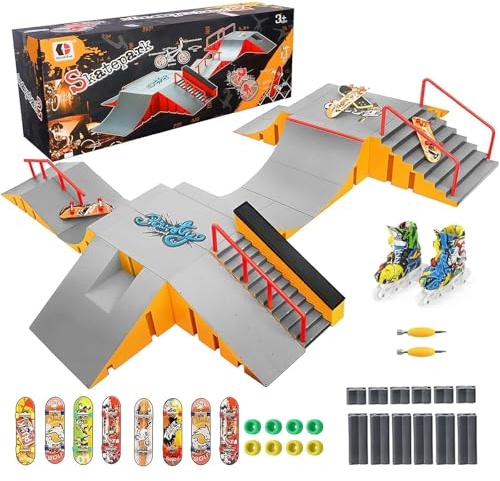 Tlater Finger Skateboard Park Kits Mini Finger Skateboard Ramp Set DIY Montage Fingerboard Skatepark für Kinder Geburtstag Geschenk Gelb 14 - in - 1