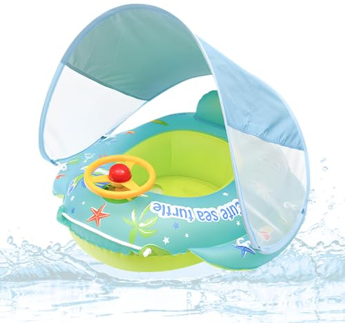 XIMEI Flotador Bebé con Parasol, Baby Float Hinchable para Bebés, Anillo de Natación para Bebé, Flotador Piscina Protección UV, Juguetes Bebe de Piscina 1 a 4 Años (E)