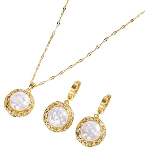 meberg Karma NH10967378 Schmuckset Gold Perlen Damen Edelstahl vergoldet Halskette 40 cm Ohrringe eleganter Schmuck Damenschmuckset Kette Geschenk für Sie wasserfest hypoallergen