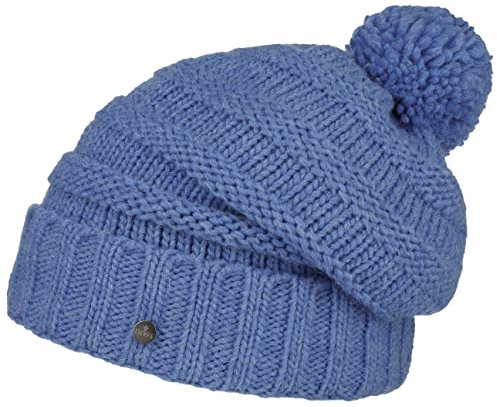 LIERYS Jil Oversize Bommelmütze Damen Umschlagmütze Schurwolle Made in Germany Strickmütze mit Fleece Damen Herbst Winter hellblau One Size