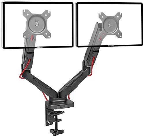 Duronic Monitor Arm Stand DMDC52, Double Gas-Powered PC Desk Mount, Black, Height Adjustable, For Two 13-24 LED LCD Screens, VESA 75/100, 6.5kg Capacity, Tilt -90°/+85°,Swivel 180°,Rotate 360°