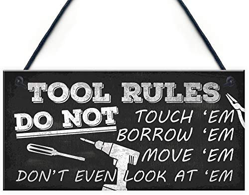 RED OCEAN Funny Tool Rules Garage Man Cave Workshop Shed Hanging Sign Gift For Him Dad Grandad Gift Plaque