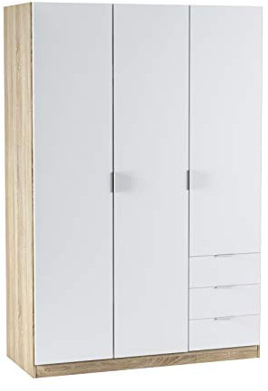 Esidra Armario con Tres Puertas y Tres cajones, Color Roble y Blanco artik, Medidas 121 x 180 x 52 cm