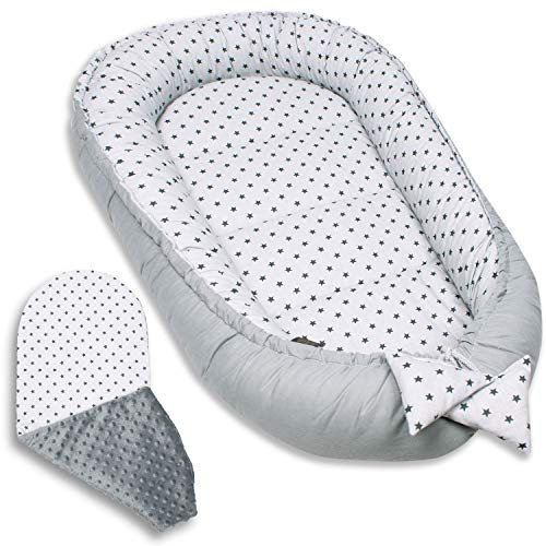 PALULLI® Babynest, multifunktionales Kuschelnest mit Weiches zusätzlicher Matratze, Kokon, Nestchen, Babybett, Reisebett für Neugeborene, 100% Baumwolle Oeko-TEX … (Grey Stars)