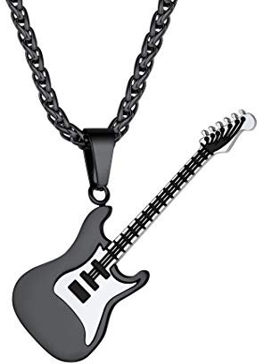 Suplight Black Guitar Pendant for Boys Mens Black Chain Music Necklace Stainless Steel
