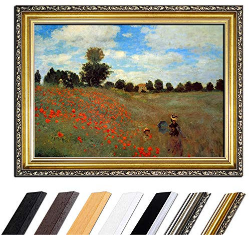 Bild mit Rahmen - Claude Monet Mohnfeld bei Argenteuil 80x60 cm - Gerahmtes Leinwandbild Alte Meister - Antiker Rahmen Gold Barock, Klassisch