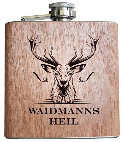 Jäger Holz Flachmann Jagd Jägerin jagen Geschenke Männer Frauen Hirsch Geweih lustiger Spruch Alkohol Waidmannsheil