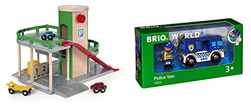 BRIO World 33204 Parkhaus, Straßen & Schienen – Eisenbahnzubehör Holzeisenbahn – Empfohlen für Kinder ab 3 Jahren & Bahn 33825 - Polizeiwagen mit Licht und Sound